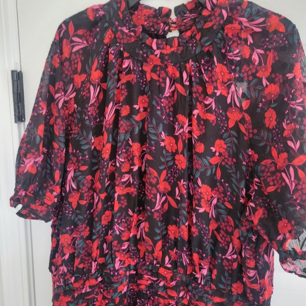 NWT James Draper Dress sz Xl Red Black Floral Vintage Style Chiffon Midi Length